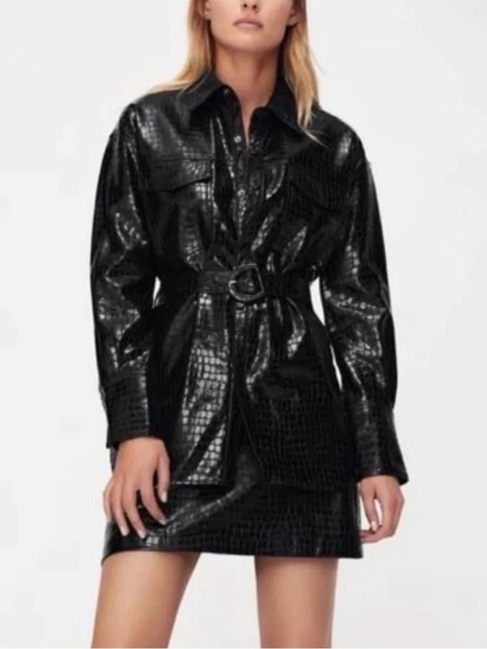 ZARA Black Faux Leather Croc Embossed Shirt Belted Jacket NWT